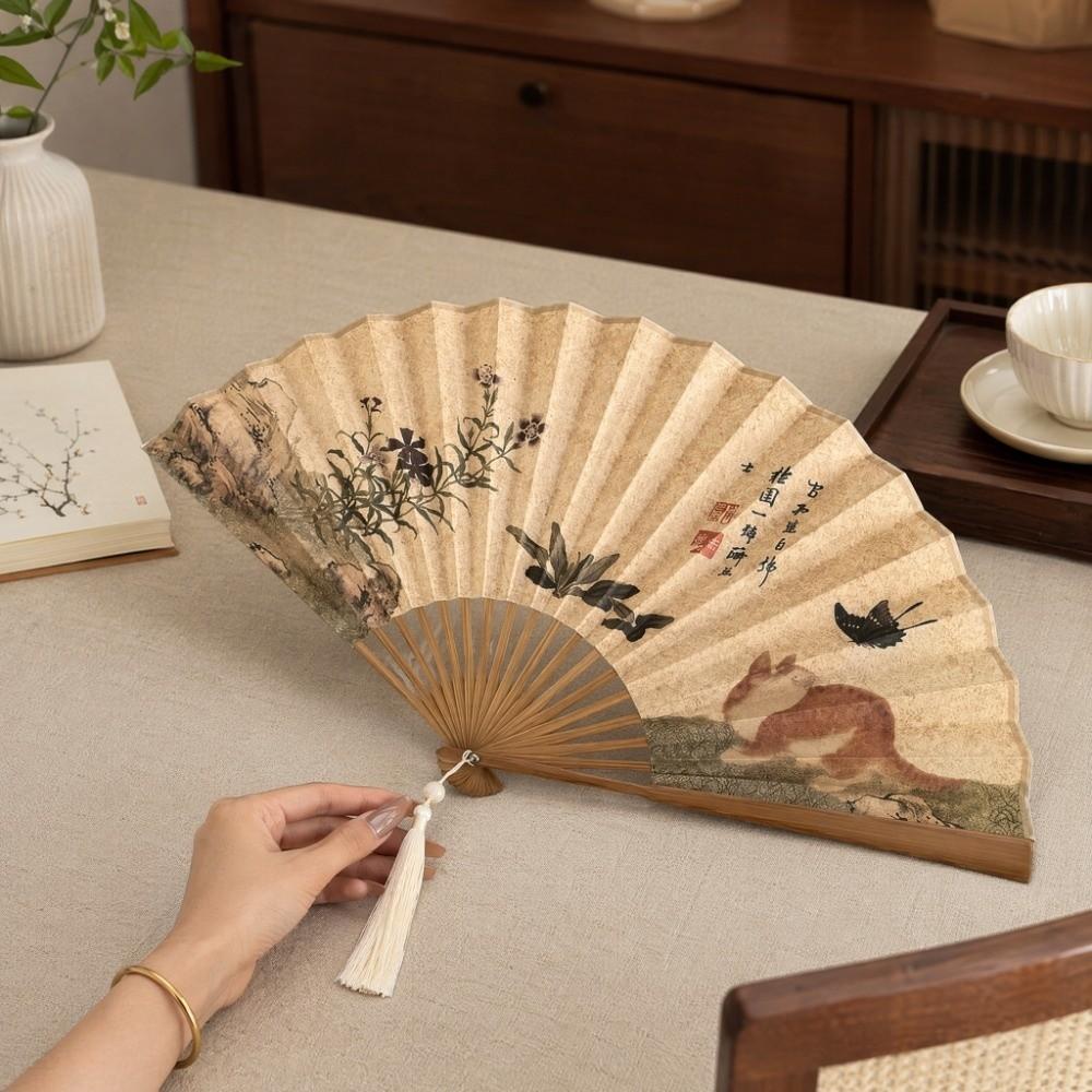 Double Sided Folding Hand Fan Bamboo Frame Retro Handheld Fan Summer Dance Fan  Hanfu Cheongsam