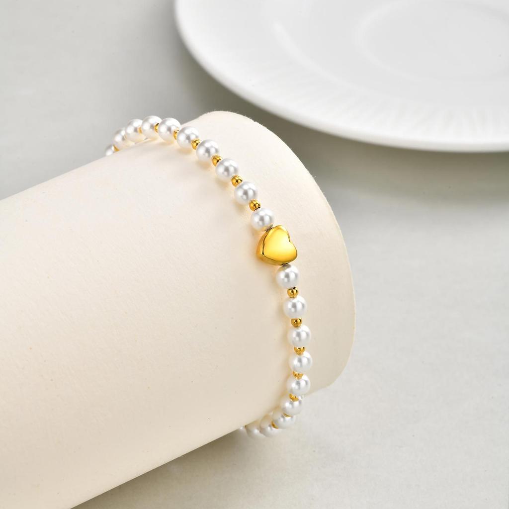 French Elegant Jewelry, Stainless Steel Imitation Pearl Heart Bead Bracelet Br-2733