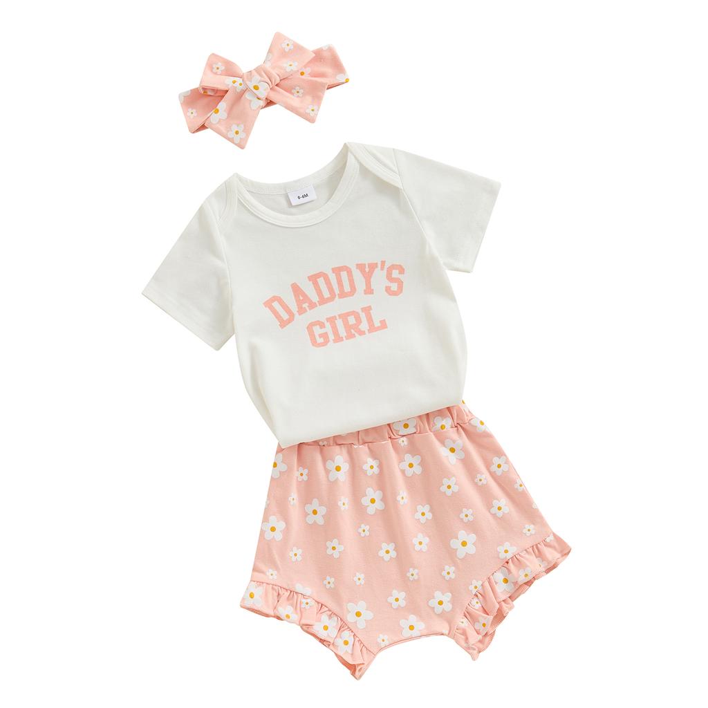 Baby Girls 3Pcs Summer Outfit Short Sleeve Romper + Floral Shorts + Hairband Set Newborn Clothes