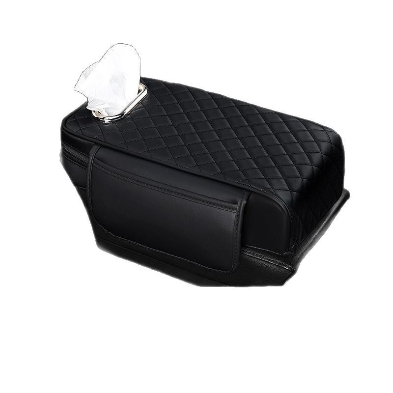 Nappa Leather Diamond-Embroidered Car Armrest Pad with Tissue Storage