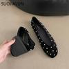 Fashion SUOJIALUN Autumn New Brand Women Flat Shoes Fashion Polka Dots Round Toe Shallow Slip On Boat Shoes Outdoor Dress Single Shoes