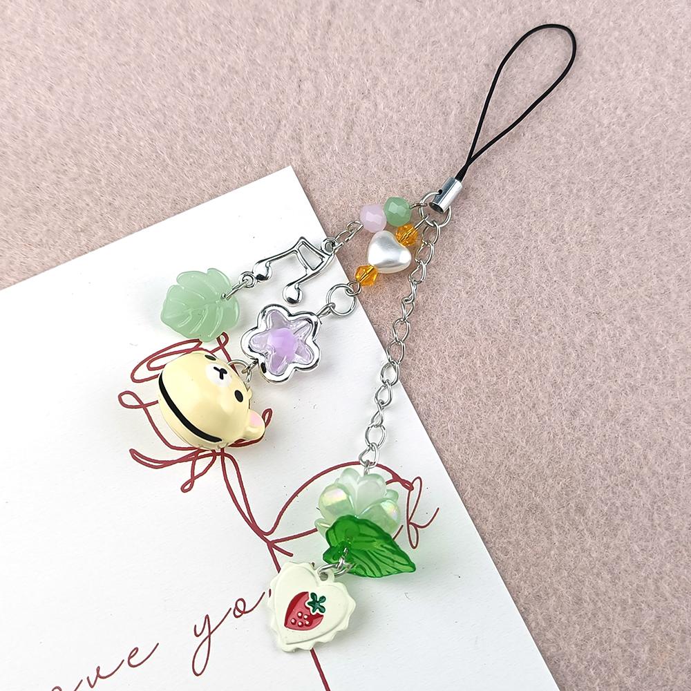 Cute Bell Bear Pendant Matching Phone Charms Keychains Y2K Handmade Rilakkuma Strawberry Beaded Accessories Jewelry Couple Gifts