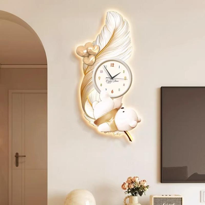 Luxury Living Room Wall Clock Modern Design Cartoon Bear Restaurant Children Room LED Mute Clock Corridor Mural Lamp Room Decor