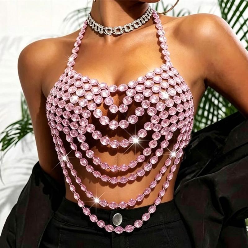 Multi Layer Halter Body Chain Top Sparkly Draped Chest Jewelry Accent for Festival Outfit, Stagewear and Evening Looks