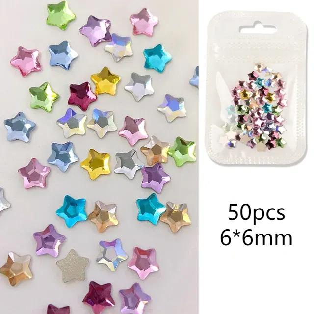 

50 шт. смешанные звезды, стразы, плоские украшения для ногтей, сверкающие кристаллы, милые аксессуары для ногтей, драгоценные камни, инструменты для дизайна ногтей 6*6mm разноцветный