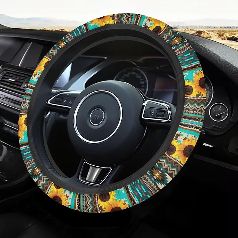 Steering Wheel Cover Ethnic Style Auto Wheel Cover Made of Coarse Flax, Fits 14 1/2-15 1/4 inches Car Wheel - Retro Red Westen Tribe