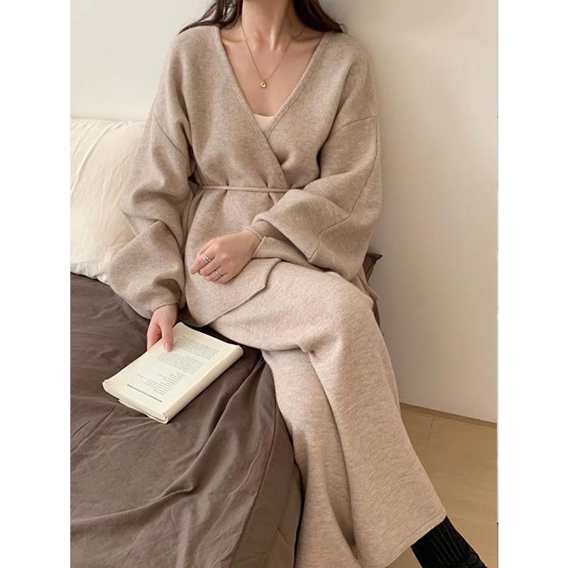 Autumn and Winter V-neck Lazy Wind Set Sweater Women's New Casual Wide-leg Pants Lace-up Knitted Cardigan Two-piece Set