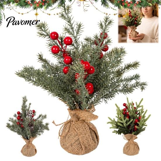 Seasonal Home Decoration Desktop Miniature Christmas Tree with Red Berries, Artificial Mini Pine Burlap Plant for Base, Tabletop Faux Small