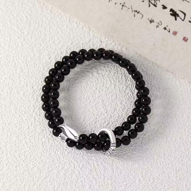 Koi Pattern Black Bead Couple Bracelet Adjustable Matching Relationship Bracelet for Lover Couple Daily Wear Anniversary Jewelry Gift