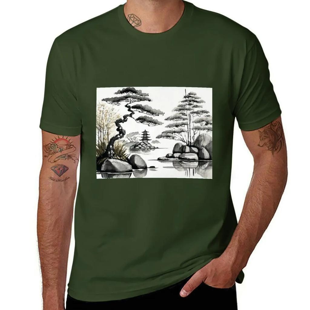 Sumi-E Lake Japanese Ink Art Landscape T-Shirt sports fans quick drying oversizeds korean fashion t shirts casual stylish