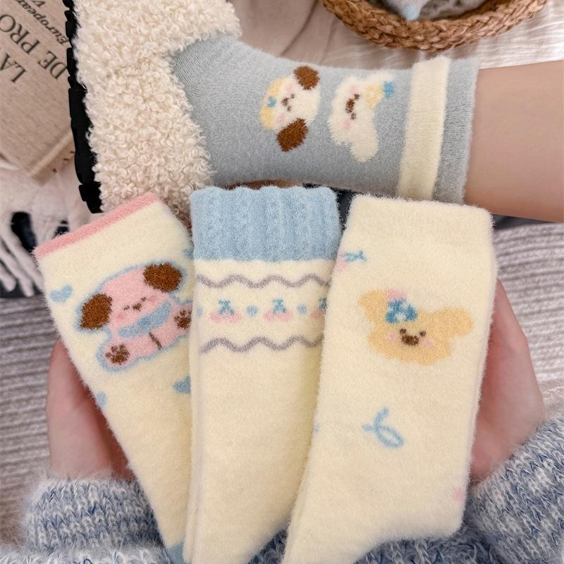Australian Velvet Thickened Warm Cute Socks Girls Cartoon Dog Love Pile Socks Home Floor Sleeping Socks Winter