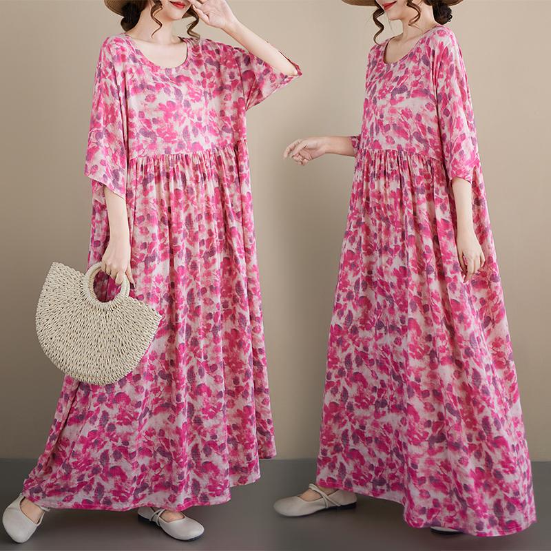 

DIMANAF New 2026 Women Summer Beach Plus Size Vintage Lady Long Dress Loose Oversize Maxi Floral Print Cotton one size