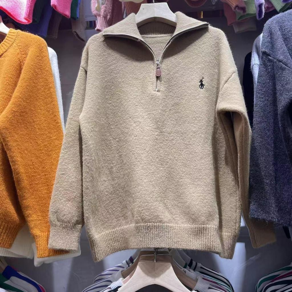 Korean Style Small Horse Embroidery Half-Zip Lapel Pullover Knitwear for Women
