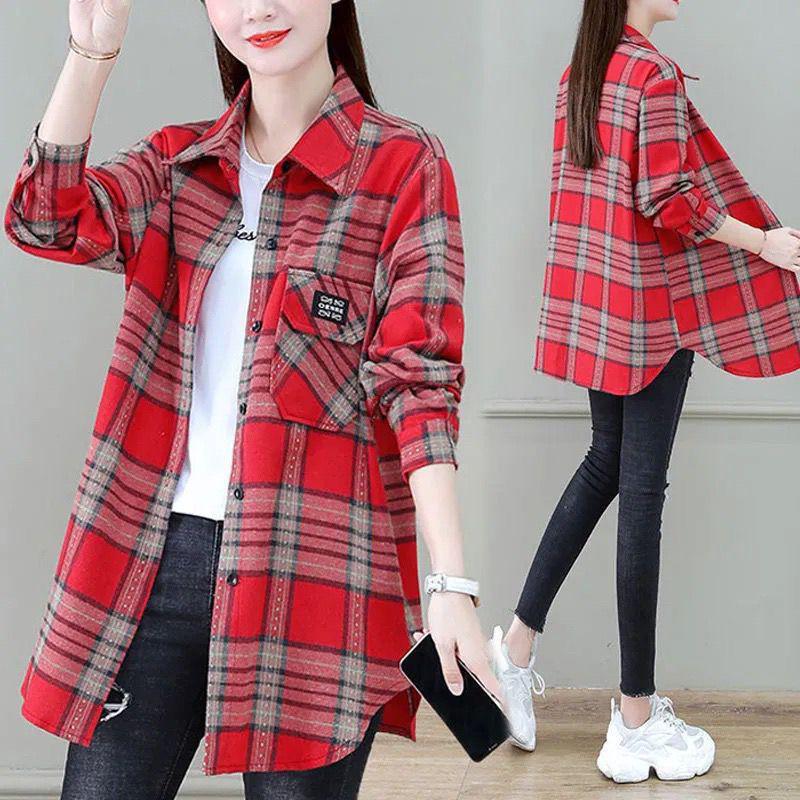 

2025 Spring & Autumn Women s Slimming Plaid Shirt - Versatile, Trendy, Age-Reducing Outerwear M (Recommended for 90-105 lbs) красный