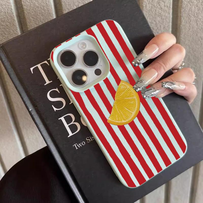 Red-striped Orange Soft Phone Case For IPhone 17 Air 13 Pro 13 12 11 14 15 16 17 Pro Max ShockProof Lichee Pattern Silicone Case