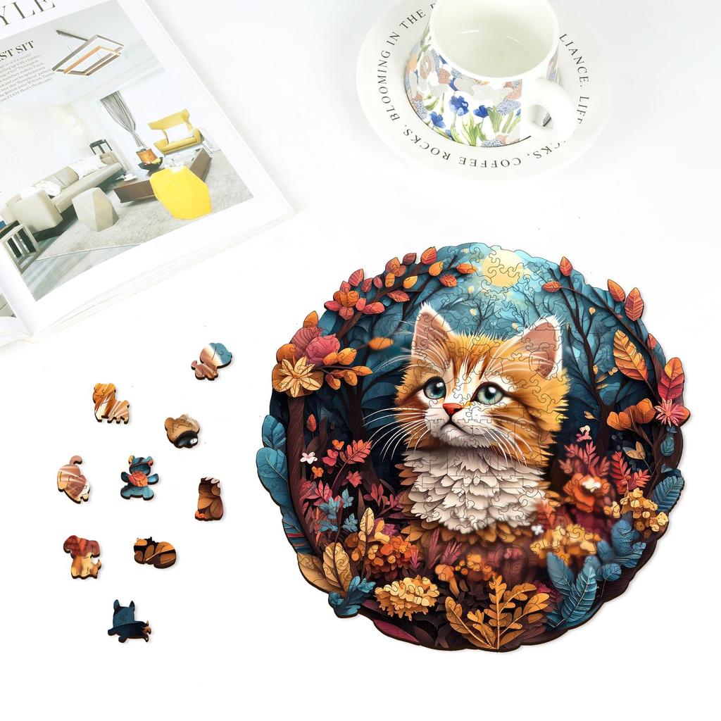 Qiuenisray Jigsaw Puzzle, 200 Pieces, Wooden Puzzle, "Forest Kitten" (28.4 x 28.4 cm), 3mm Thick, Irregularly Shaped Pieces, Adult-Oriented, Durable,
