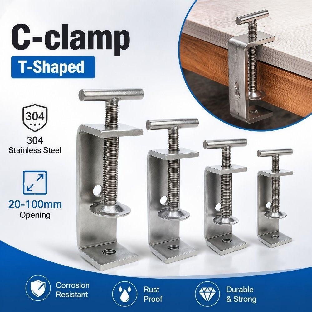 1pc 304 Stainless Steel C-clamp Adjustable T-Shaped Square Clamp Sturdy 20-100mm Opening Fixed Holder Clip Hardware Fasteners