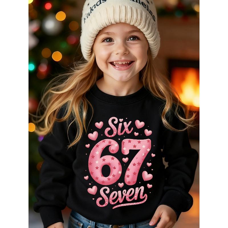 Kids Unisex Crewneck Sweatshirt, Pink Star Heart 67 Six Seven Cute Girly Graphic Long Sleeve Pullover, Soft Fleece Sweatshirts for Boys Girls Ages 4+ 110