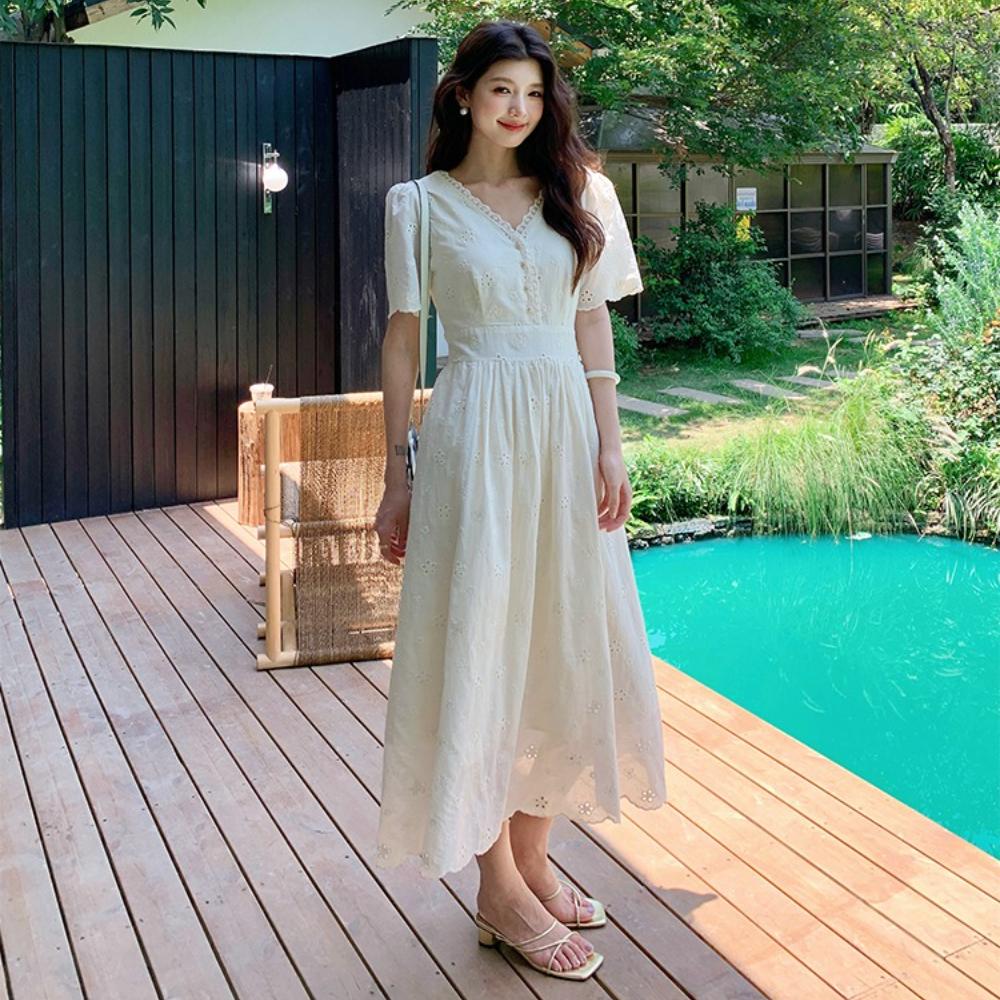 

Высококачественное однотонное хлопковое платье-миди с кружевной вставкой, женское, элегантное, с V-образным вырезом, с вышивкой в виде цветов с вырезами, облегающее, летнее платье для женщин S абрикосовый