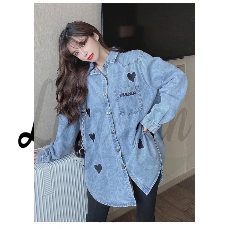 Korean-Style Heart Embroidery Oversized Denim Shirt Medium синий