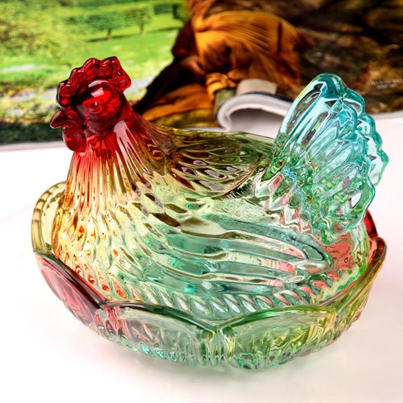Plat à bonbons en verre cristal forme poulet, Bol à bonbons rétro avec couvercle, Assiette à dessert Bol à snacks Ornement pour décorations de maison