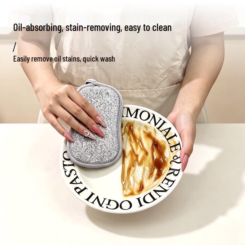 Double-Sided Silver Wire Dishwashing Sponge - Oil-Resistant Scrubber for Kitchen, Bowls, and Pots