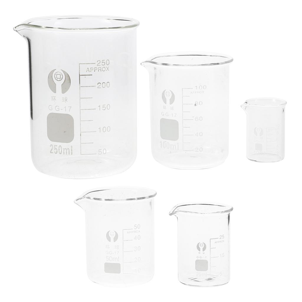 5Pcs Glass Beakers Set 10Ml 25Ml 50Ml 100Ml 250Ml Clear Graduated Laboratory Glassware for Precise Liquid Measurement in Science