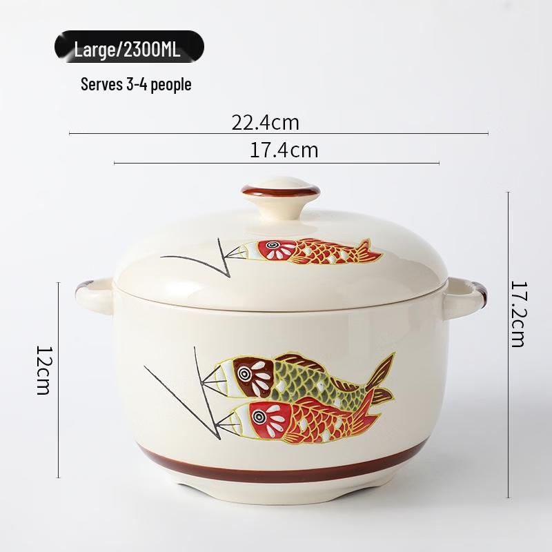 Ruhán Hand-Painted Ceramic Double-Boiler Stew Pot with Lid, Japanese Carp Design