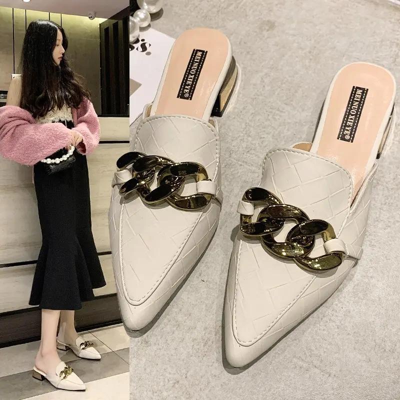 Fashion Female Shoes Shallow Low Mules for Women Square Heel Slippers Casual Pointed Toe Slides Rivet New Block Luxury Cover Soft