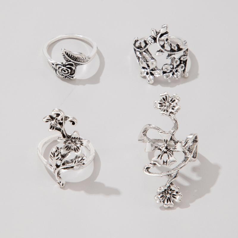 Popular Women's Ring Fashion Personality Ancient Silver Mori Vine Leaf Flower Ring Four-piece Set