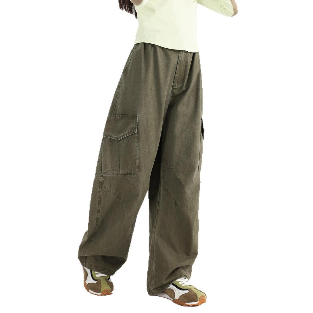 Tao Town Girls' Army Green Denim Scimitar Wide-Leg Cargo Pants - Spring/Autumn Casual Long Pants for Older Children