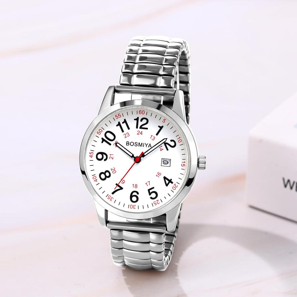 Herren 24-Stunden Wasserdichte Quarz-Armbanduhr mit Elastischem Armband, Edelstahl Analoganzeige, Kalender, Leicht Ablesbares Großes Display, Einheitsgröße Passt für die Meisten -