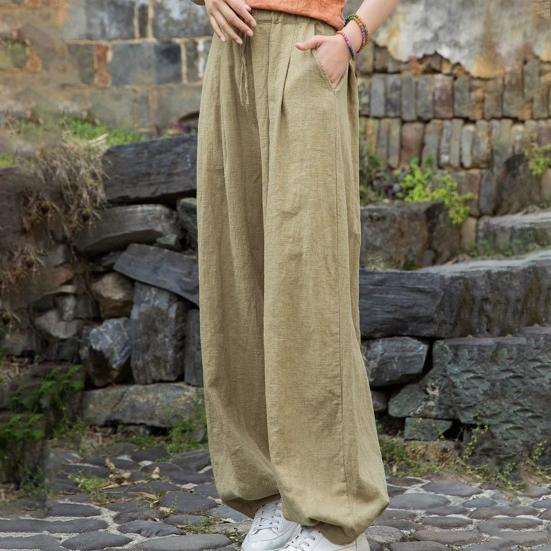 Women Casual Pants Elastic Waist Adjustable Drawstring Solid Color Wide Leg Trousers Solid Color Harem Trousers