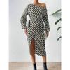 Spring & Fall New Arrival Fashion One-Shoulder Cold-Shoulder Wave Pattern Print Mid Length Long Length Waist-Tight Split Long Sleeve Dress Women