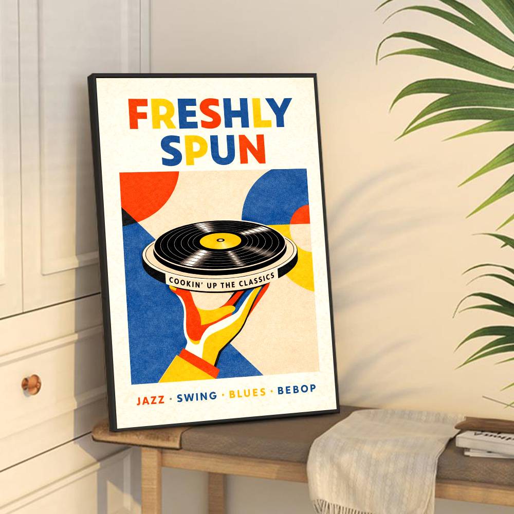 Retro Vinyl Record Print Mid Century Music Minimal Pastel DIY Sticky Poster Fancy Wall Sticker for Living Room Bar Decoration