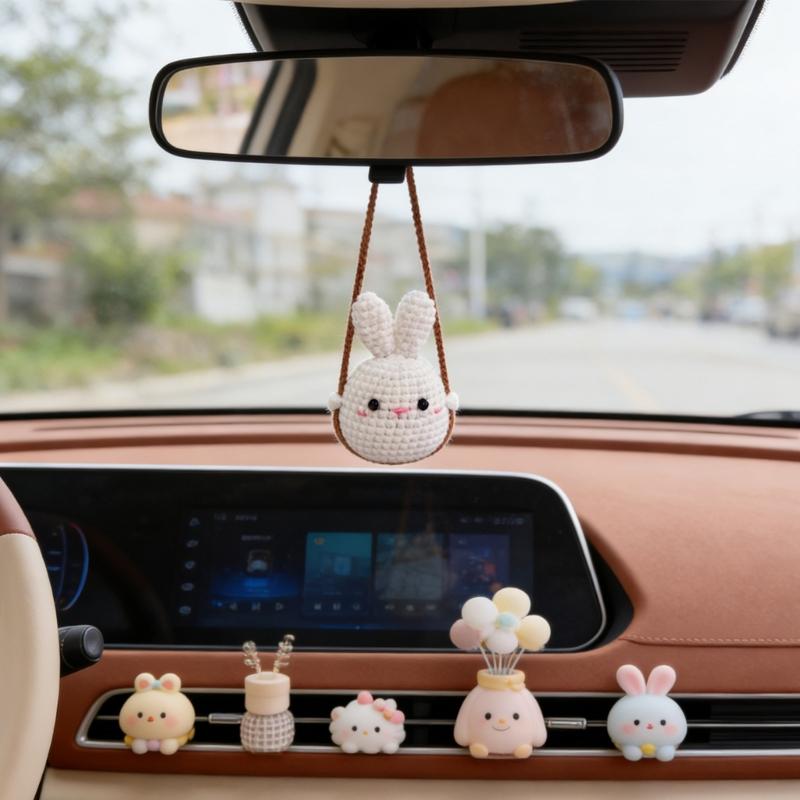 Crochet Animal Pattern Pendant Car Rearview Mirror Knitted Hanging Ornament Interior Charm Decoration Gift for Women Men
