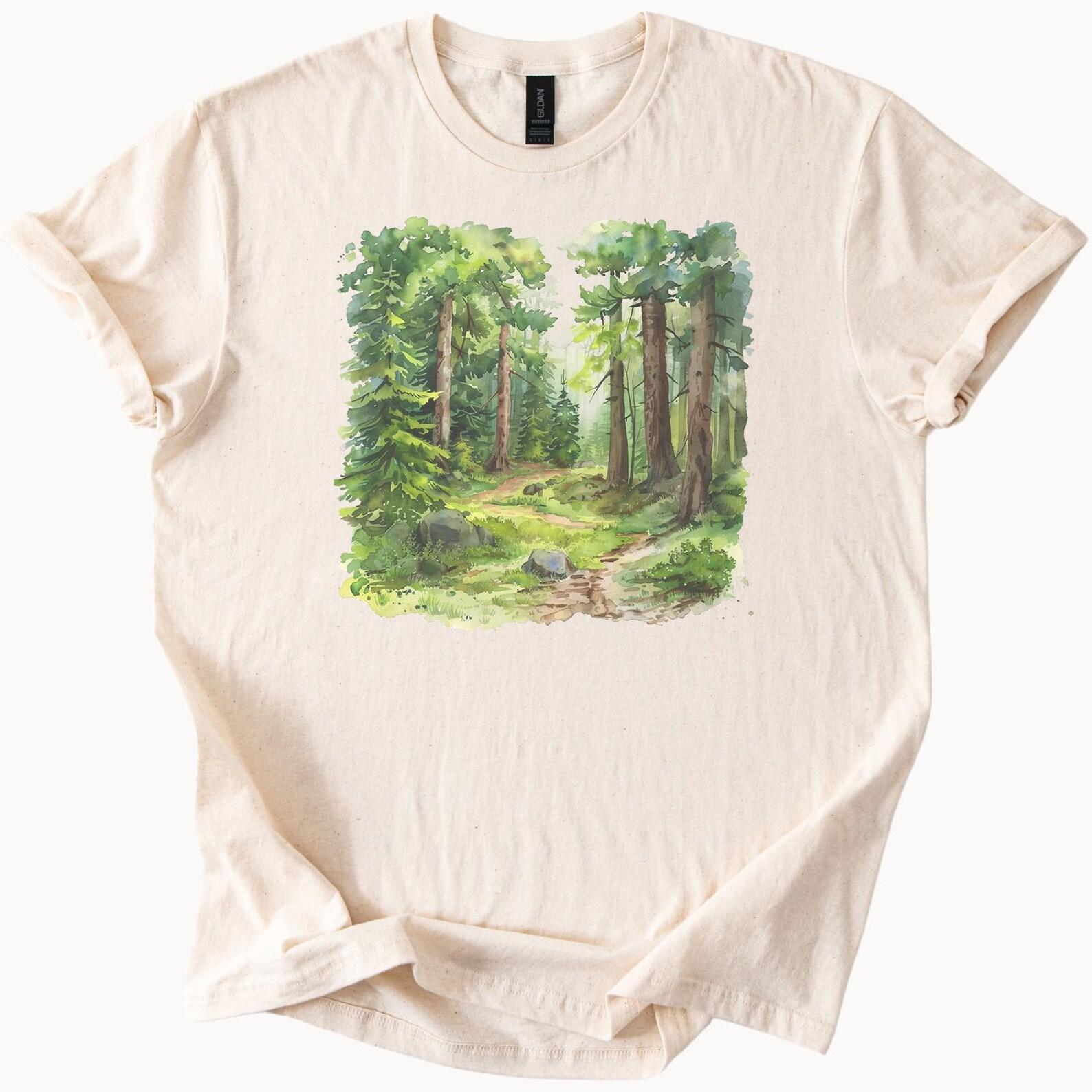 Forest trail nature art watercolor pine tree woodland hiking scenic graphic t shirt outdoors camping landscape painting tee forest path 160