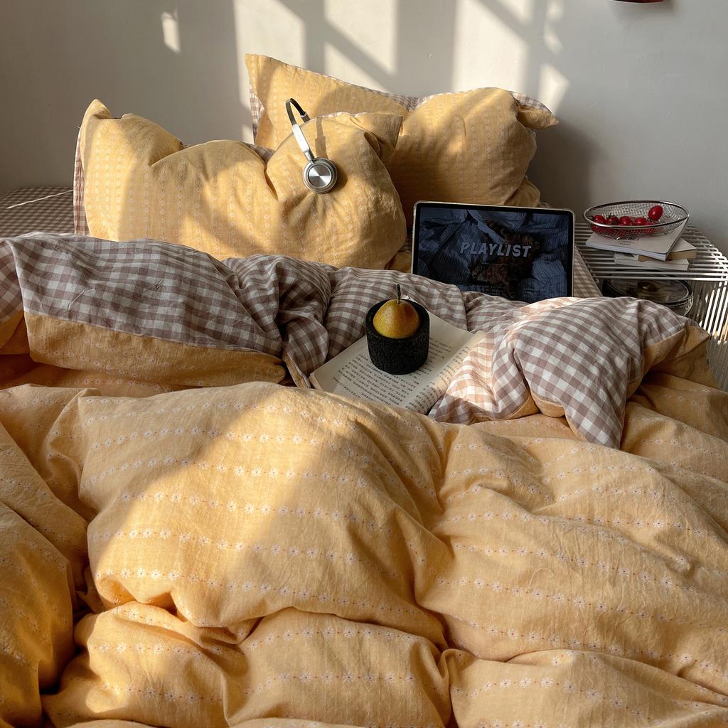 Japanese-Style Simple Double Plaid Super Soft Washed Cotton, Skin-Friendly And Comfortable Quilt Cover, Bed Sheet, Dormitory Kit 4
