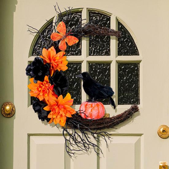 Guirlanda de Lua de Halloween com Corvo para Porta da Frente Guirlanda Gótica de Galhos com Flores Artificiais Abóbora Galhos Secos para Decoração de Parede de Casa Interna Externa Janela