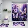 4Pcs Waterproof Purple Butterfly Floral Shower Curtain Ensemble with Non-slip Mat, Toilet Lid Cover  U-Shape Rug