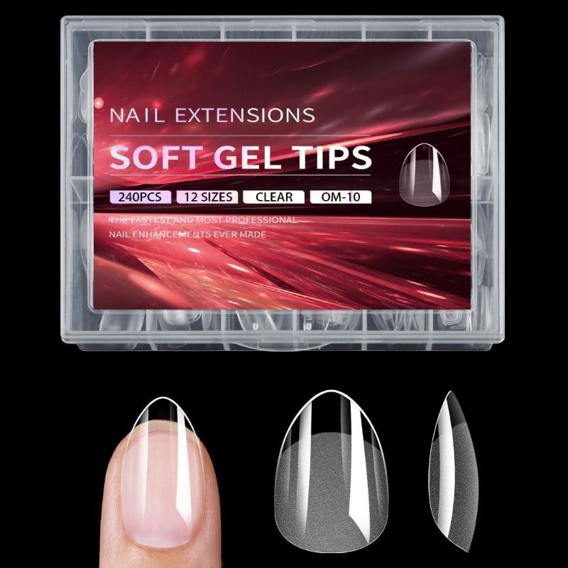 240Pcs Medium Almond Gel Nail Tips Full Cover Clear Acrylic Nails Gel Extensions 12 Sizes for Home Manicure