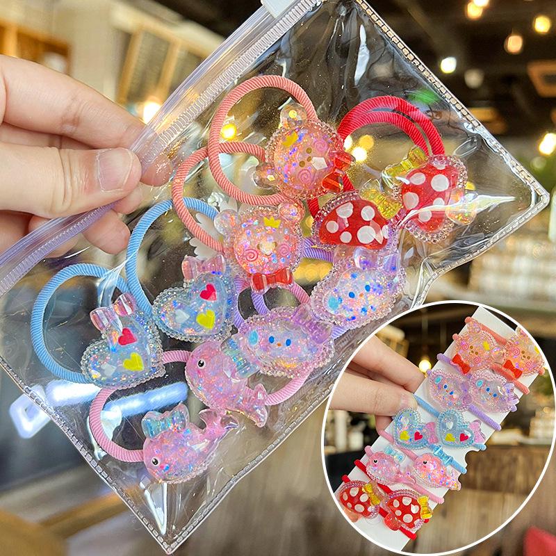 Korean Style Cartoon Hair Tie Set: Cute, High-Elastic Hair Bands for Girls - 5 Colorful Pairs