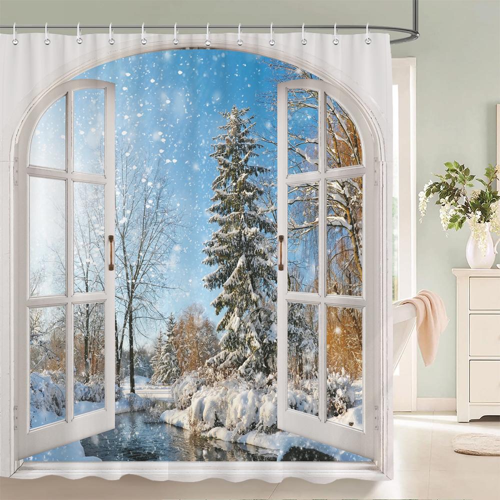 1 szt. Zimowy krajobraz Zasłona prysznicowa Scena śnieżna Drukowana Zasłona łazienkowa Tkanina poliestrowa Wodoodporna Zasłona do dekoracji domu