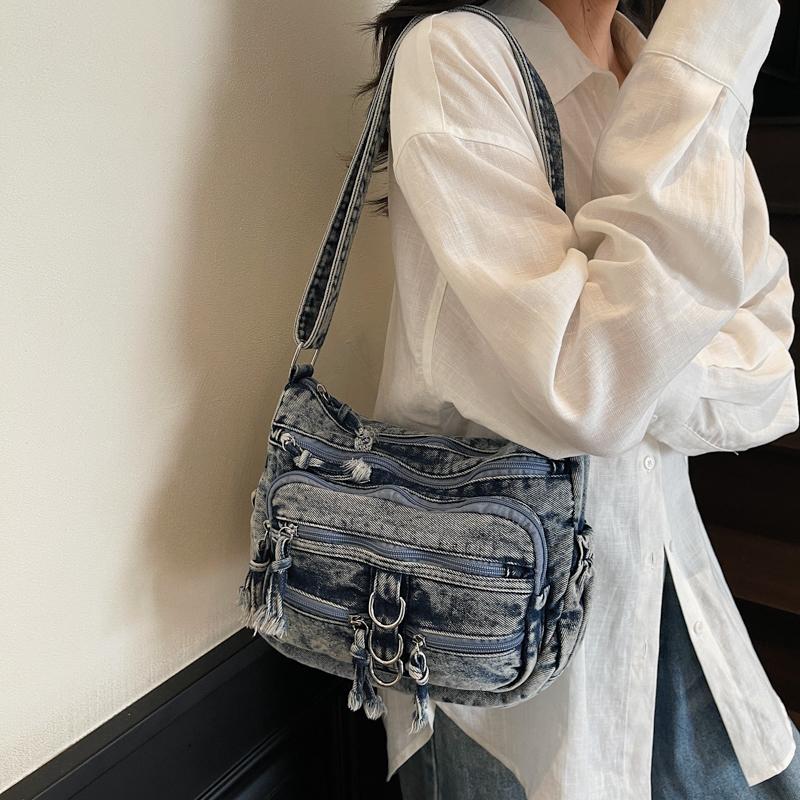 Women Crossbody Bag Vintage Shoulder Bag Multi-Layer Pocket Denim Bag