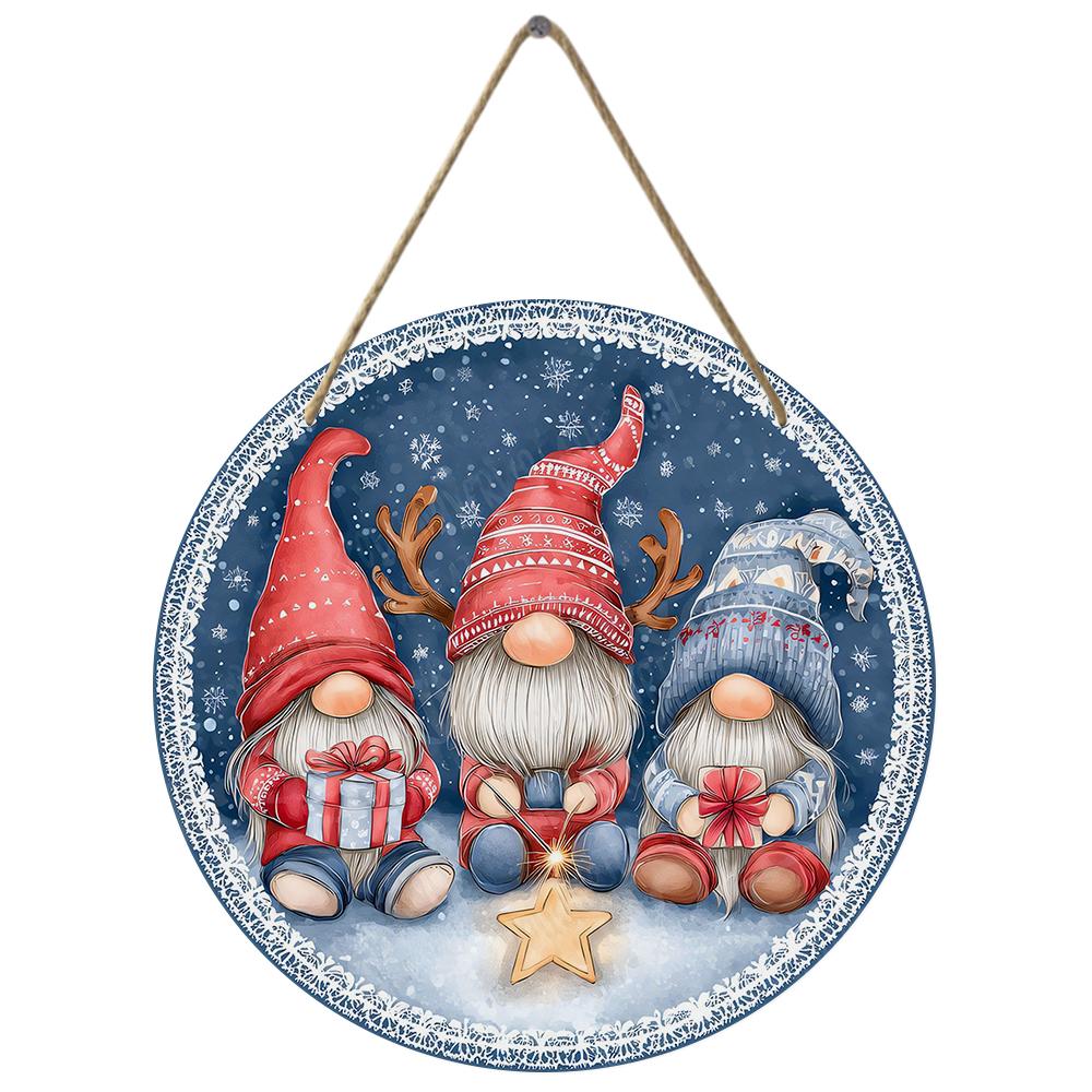 Festive Christmas gnomes pattern Round Wooden Hanging Plaque winter holiday wall art decor farmhouse indoor front door sign home ornament