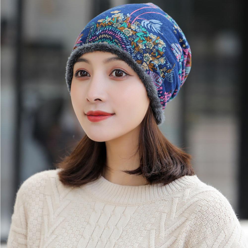 Fashion Autumn Print Flower Soft Plus Velvet Warmer Bib Hats Women Hat Velvet Bonnet Beanie