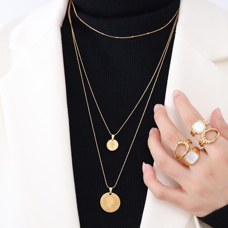 French Retro Style Portrait Beaded Necklace, 18K Gold-Plated Titanium Steel, P508