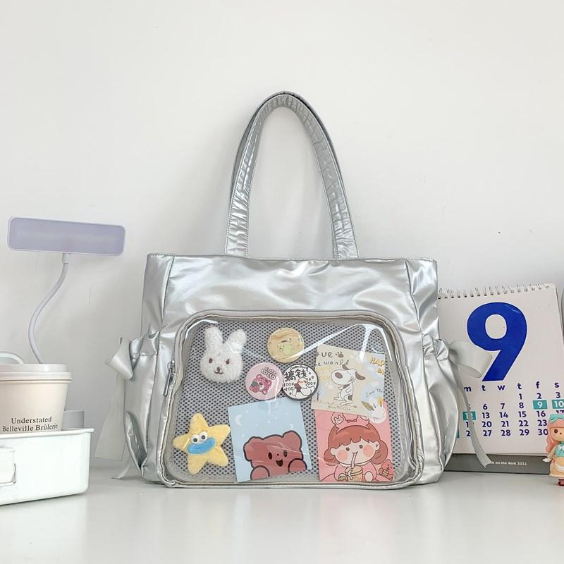 

Japanese ballet style ribbon pain large food intake bar pain bag two-dimensional soft sister versatile tote bag portable shoulder bag Single bag (without accessories) серебряный