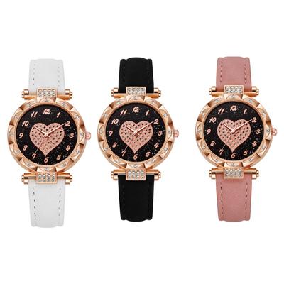 Women Watches Rhinestone Heart Dial Quartz Watch Female Leather Band Wristwatches