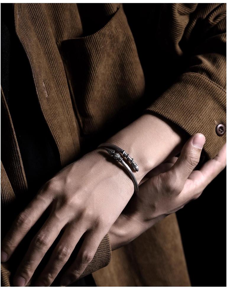 Men's Handmade Distressed Thai Silver Open Bangle - Nezha's Fire-Tipped Spear Design